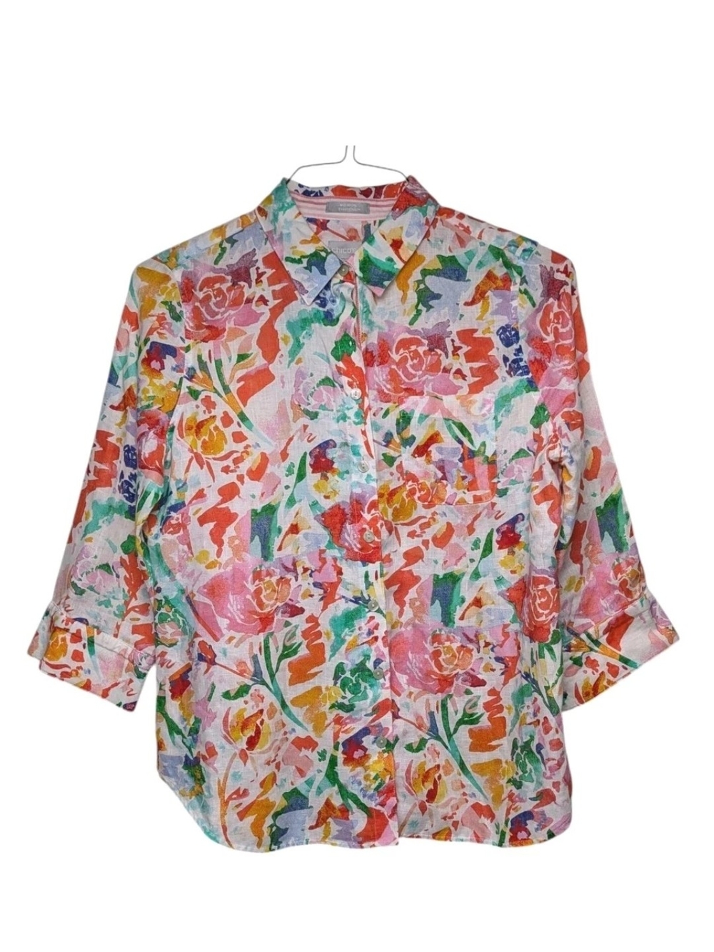 Chicos 0 No Iron Linen Blouse Small 4/6 Floral Tropical Fresh Chic